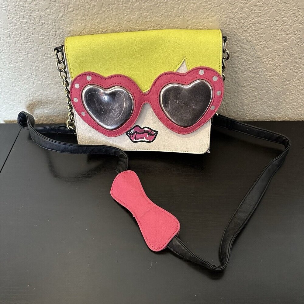 Betsey Johnson Bag purse Pink Black gold yellow sunglasses‎ Crossbody Retro Face